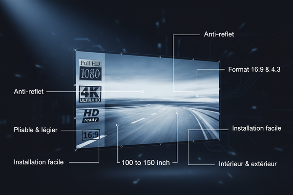 Infographie technique CineScreen : 100-150 pouces, anti-reflet, format 16:9 & 4:3, pliable, intérieur & extérieur