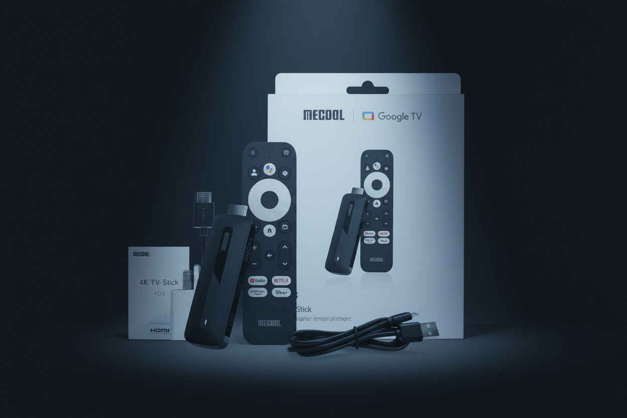 CineStick 4K Cinémood avec boîte, ambiance home cinema tons froids premium