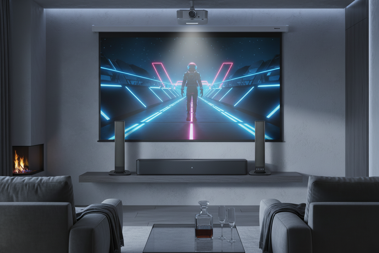 Trio enceintes Bluetooth Cinéflix dans un home cinema luxueux, ambiance cinéma tons froids premium