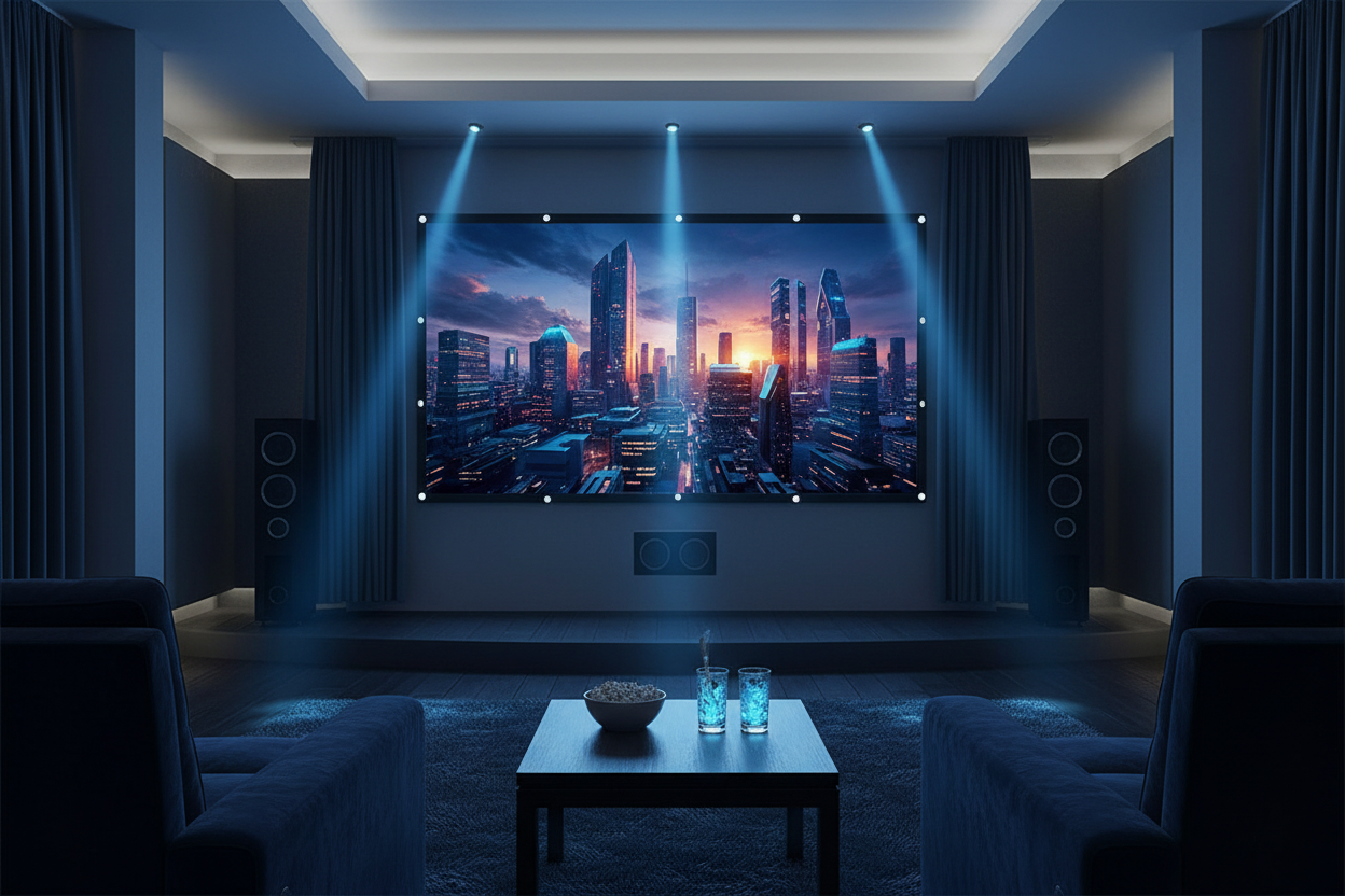 Écran de projection CineScreen déployé dans un salon cinéma ambiance tons froids bleutés premium
