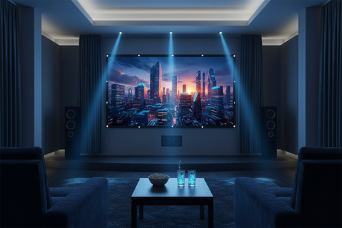 Écran de projection CineScreen déployé dans un salon cinéma ambiance tons froids bleutés premium