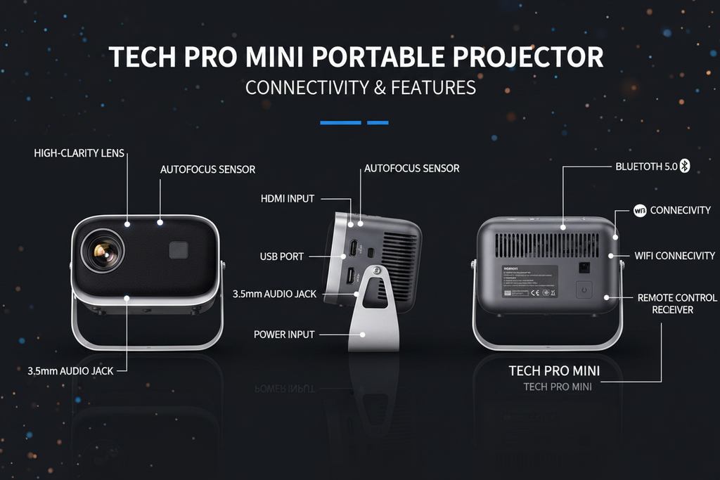 Infographie détaillée du vidéoprojecteur Cinémood avec toutes les entrées annotées : HDMI, USB, Bluetooth, jack audio, alimentation