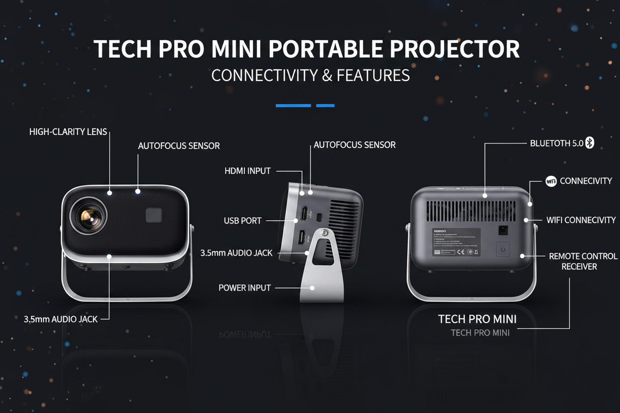 Infographie détaillée du vidéoprojecteur Cinémood avec toutes les entrées annotées : HDMI, USB, Bluetooth, jack audio, alimentation