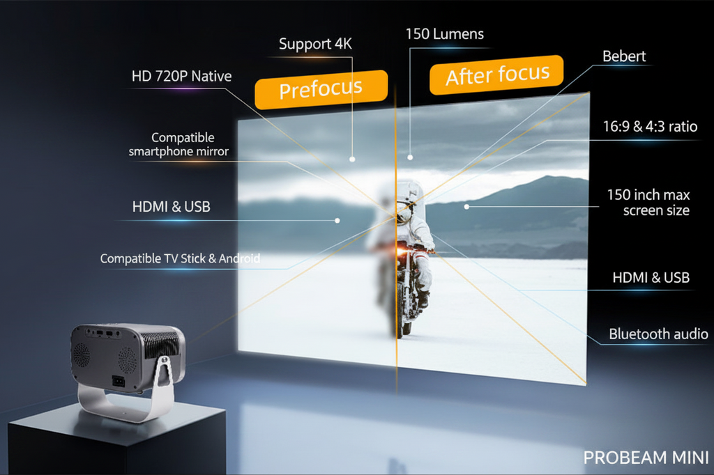 Infographie du vidéoprojecteur Cinémood : Support 4K, 150 pouces max, Bluetooth, HDMI, USB, compatible TV Stick et Android