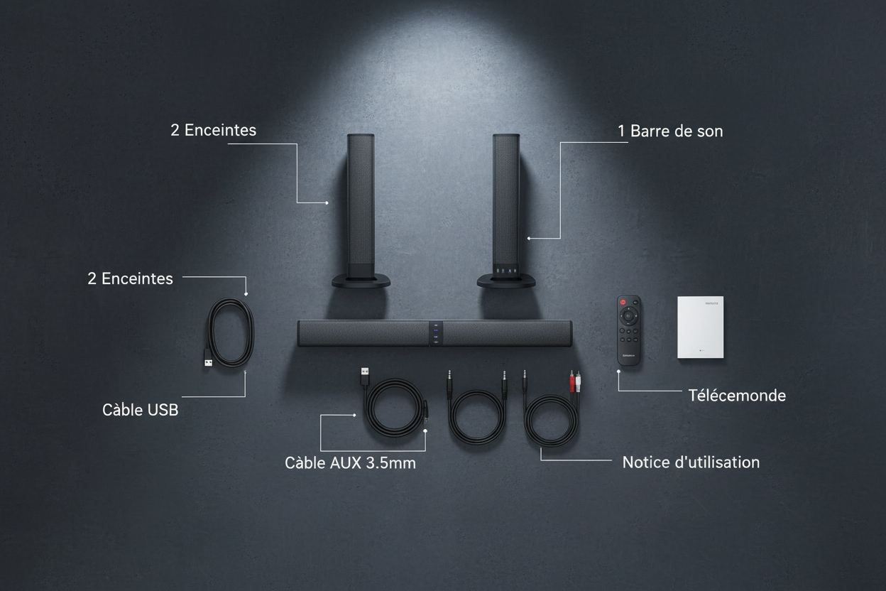 Contenu boîte CineSound Cinémood : 2 enceintes, barre de son, câble USB, câble AUX, télécommande, notice