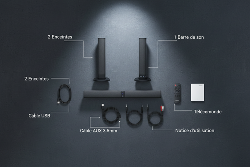 Contenu boîte CineSound Cinémood : 2 enceintes, barre de son, câble USB, câble AUX, télécommande, notice